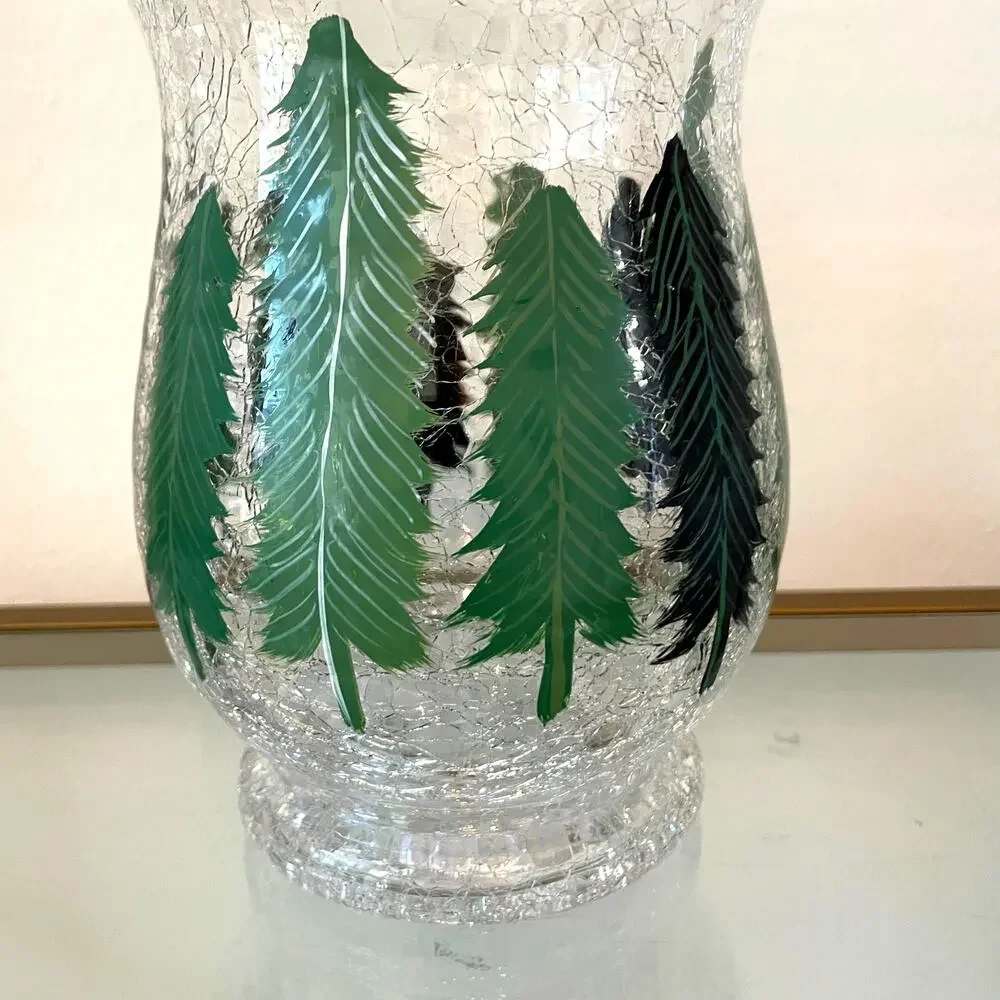 Christmas Pine Tree Crackle Glass Hurricane Candle Holder 8 x 5.5 Holiday New